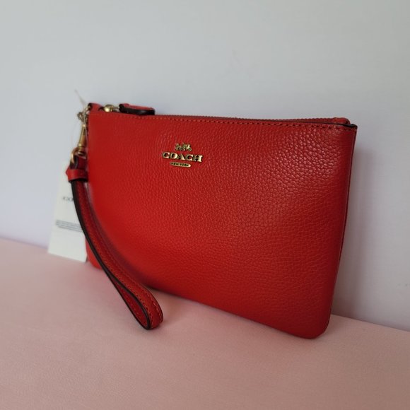 COACH Small Wristlet in Polished PebbleD Leather- Sport Red⭐ - Picture 5 of 16